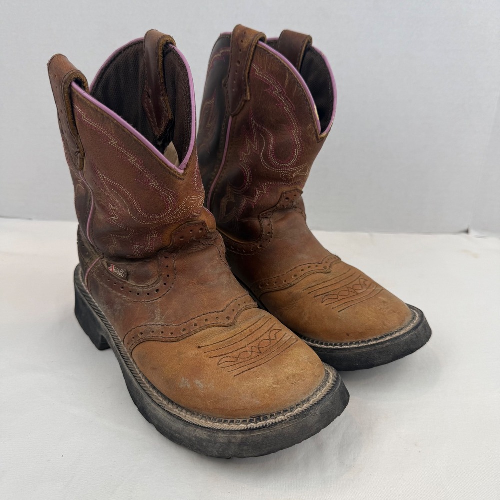 Justin Gypsy Women Brown Leather Western Cowboy Boots GY9903 Pink Accents 7.5B